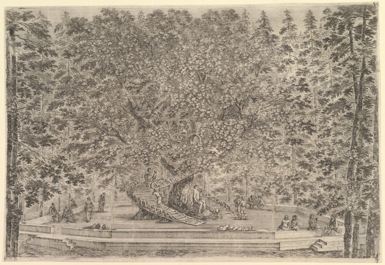 Velký obydlený strom uprostřed s rampami vedoucími kolem kmene, pod kamennou pa..., ca. 1653. od Stefano della Bella