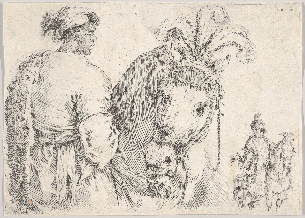 Muž vlevo z profilu dává hrst sena koni uprostřed, jezdec t..., ca. 1662. od Stefano della Bella