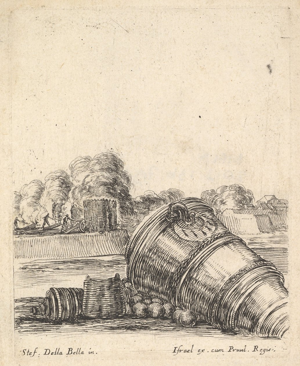 Minomet bez lafety ležící na zemi vpravo, vojáci střílející z děl..., ca. 1638-43. od Stefano della Bella