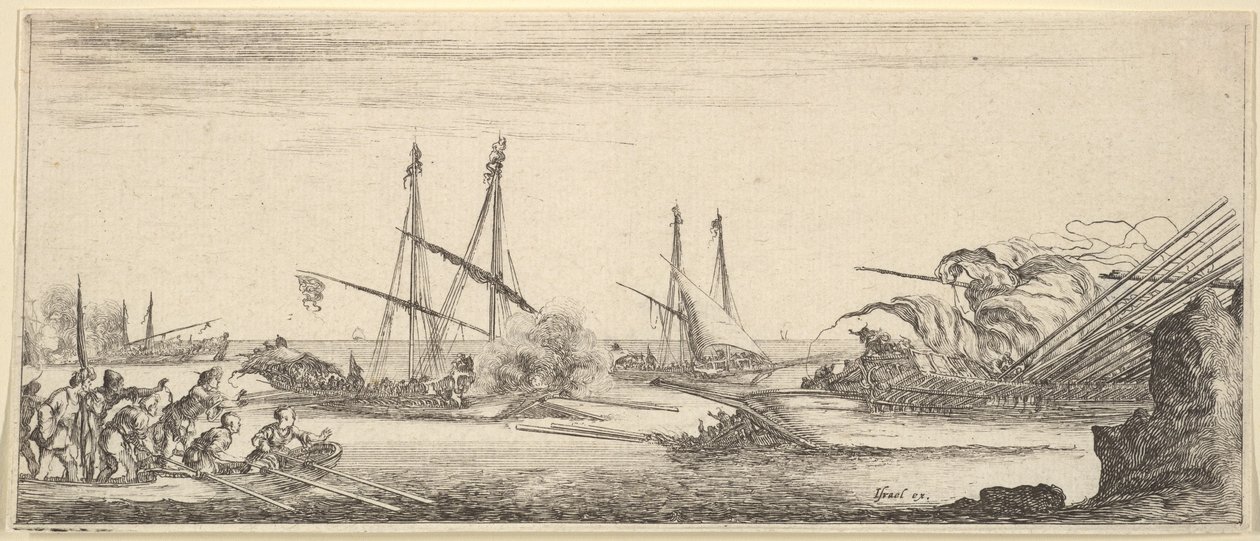 Námořní bitva, veslice plná mužů vlevo, potápějící se loď vpravo, dvě galéry ba..., ca. 1641. od Stefano della Bella