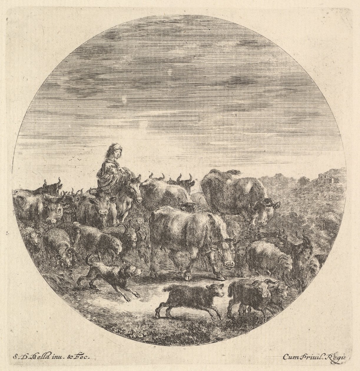 Rolka sedící na koni vlevo, čelem vpravo, obklopená stádem fc..., ca. 1643-48. od Stefano della Bella