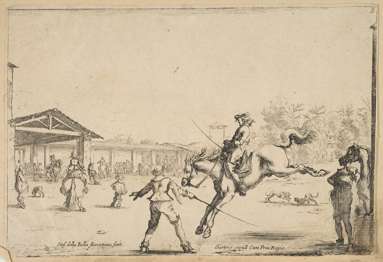 Jezdecká škola, jezdec ve skoku mečem v režii jiného muže s mečem v..., ca. 1645. od Stefano della Bella