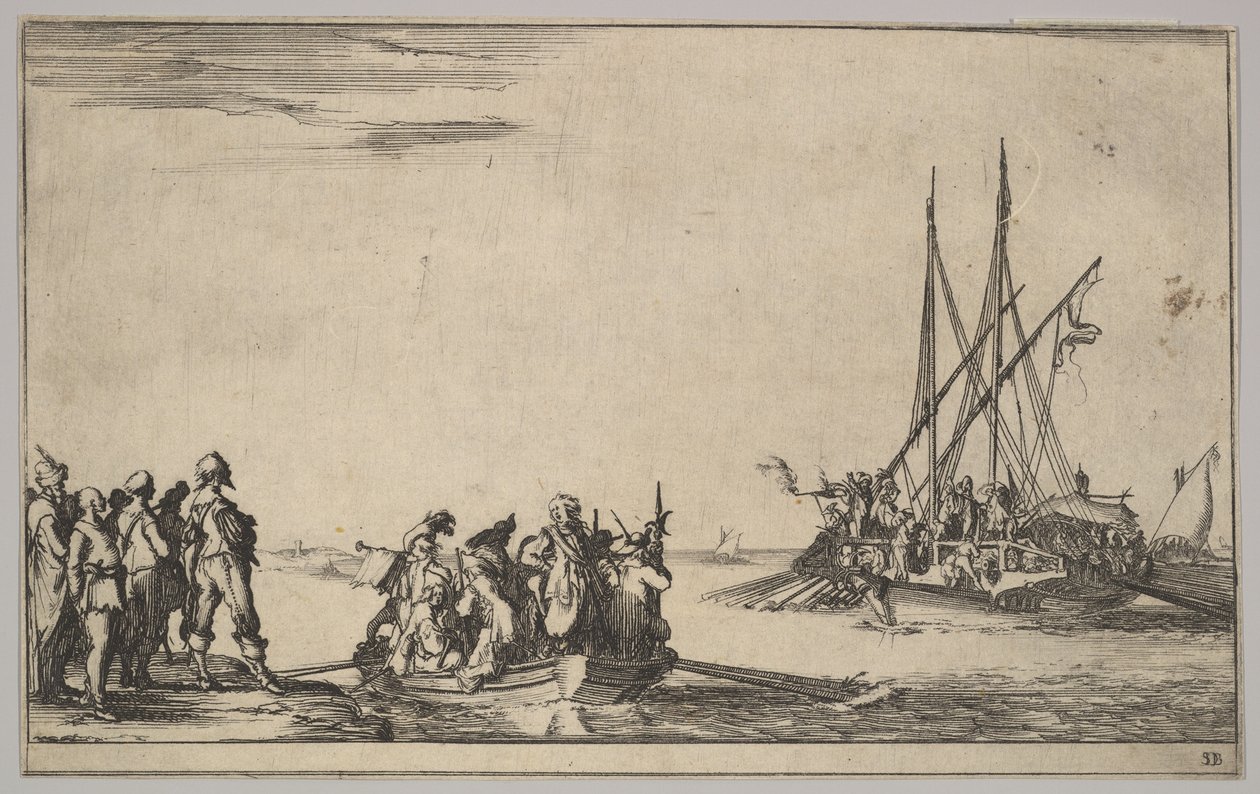 Veslice plná mužů uprostřed, skupina mužů stojících na břehu vlevo, loď plná ..., 1639. od Stefano della Bella