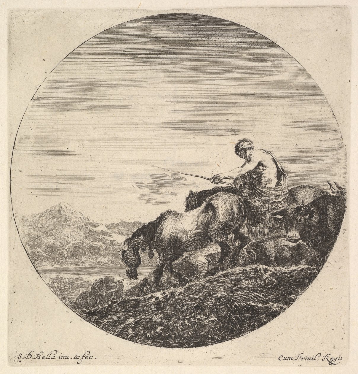 Pastýř napravo, čelem doleva, ženoucí skupinu zvířat z kopce, kruhová sestava..., ca. 1643-48. od Stefano della Bella