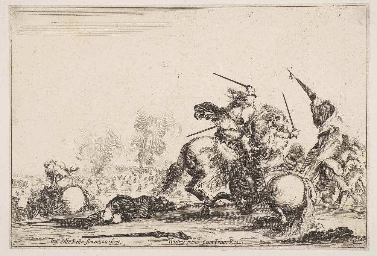 Přestřelka, dva jezdci bojující s meči napravo, muži nesoucí vlajku běžící..., ca. 1645. od Stefano della Bella