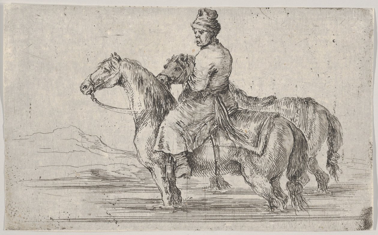 Komorník, který si bere dva koně ke koupání, sedí na jednom koni v řece, na druhém vedle..., ca. 1662. od Stefano della Bella