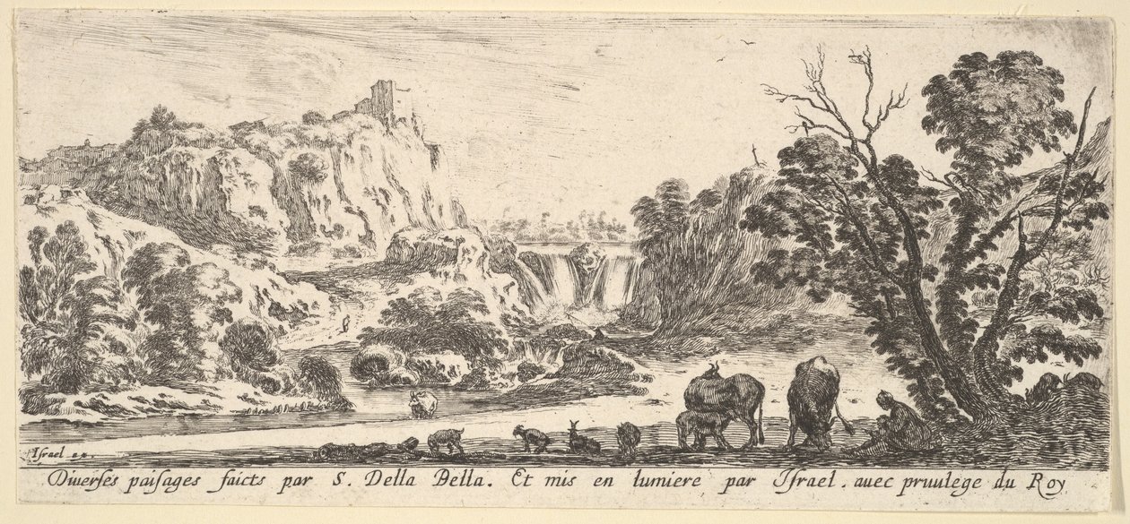 Vodopád sestupující z hor v pozadí uprostřed, různá zvířata a..., ca. 1641. od Stefano della Bella