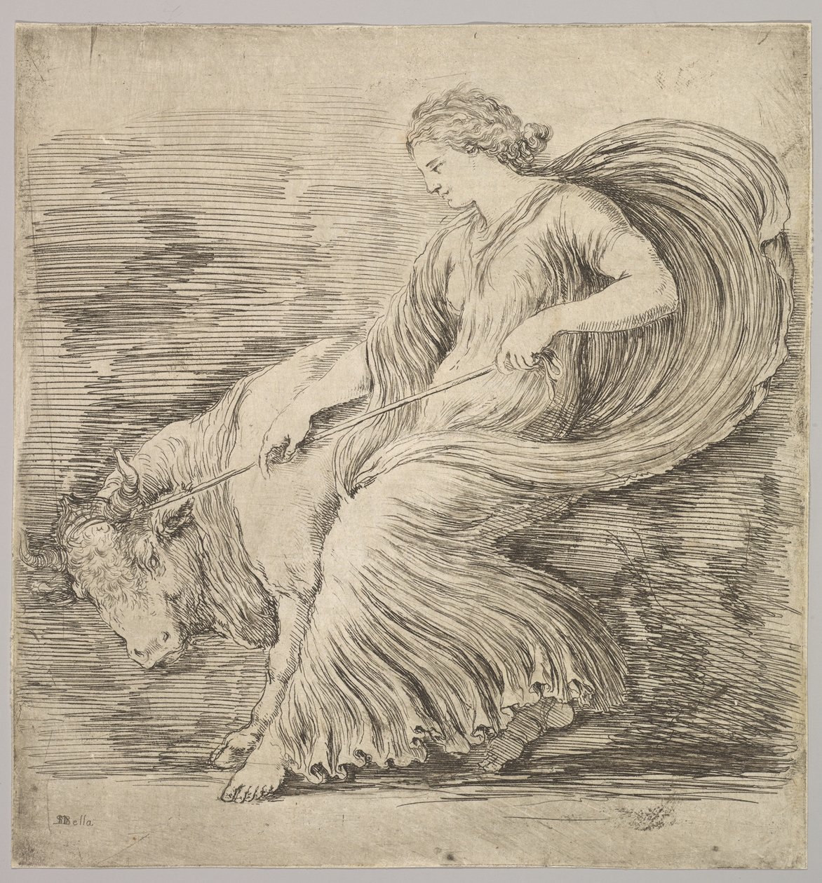 Žena z profilu tahající zpět na laně uvázaném kolem rohů mladého býka, ca. 1660. od Stefano della Bella