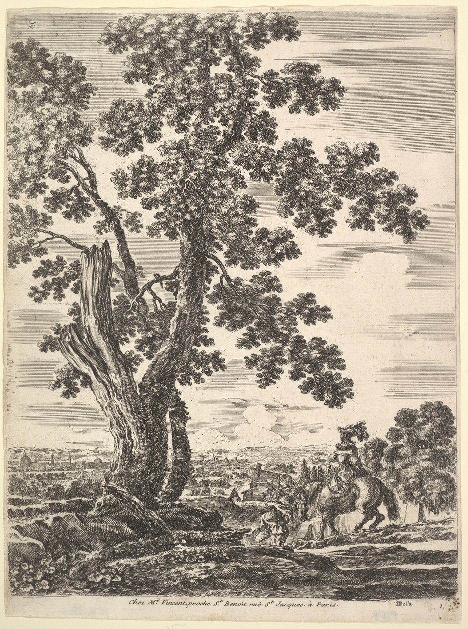 Žena na koni viděná zezadu sestupující z kopce doprava, velký strom ..., ca. 1652-57. od Stefano della Bella