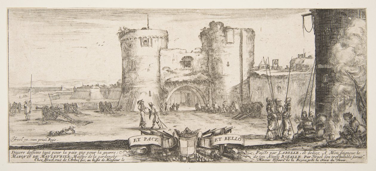 Vchod do pevnosti uprostřed, žena s dítětem sedící u ohně vpravo, sol..., ca. 1641. od Stefano della Bella