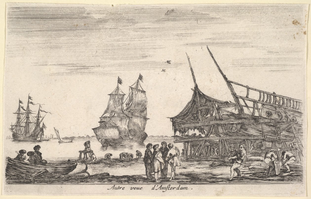 Jiný pohled na Amsterdam Autre vue dAmsterdam, skupina čtyř mužů stojí uprostřed na ..., 1647. od Stefano della Bella