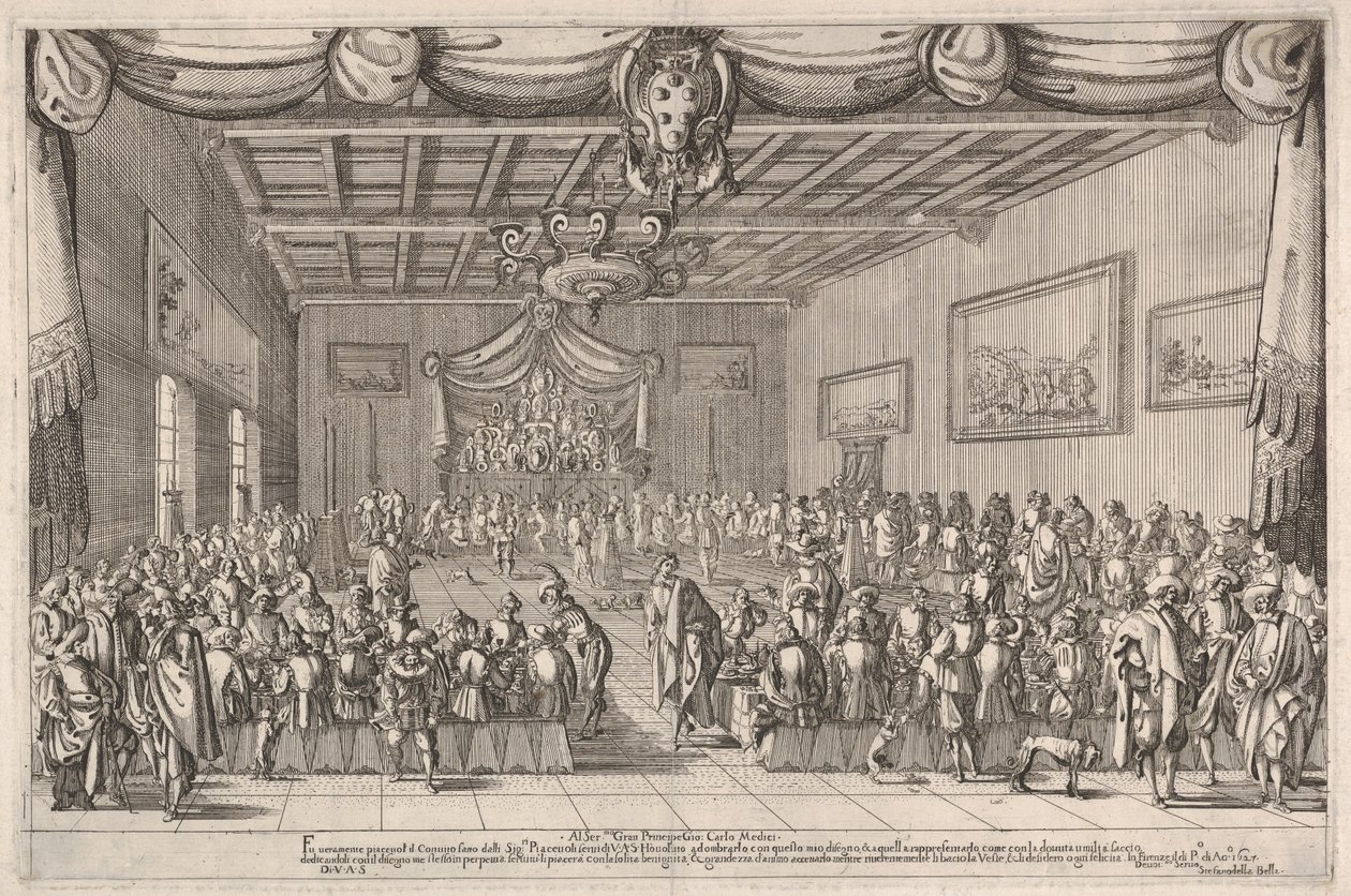 Banket rodu Piacevoli, erb rodu Medici v horní střední části od Stefano della Bella