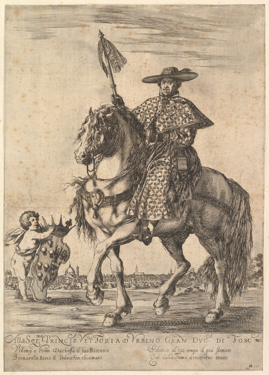 Bernardino Ricci, zvaný il Tedeschino, na koni uprostřed, jedoucí doleva, w..., 1637. od Stefano della Bella