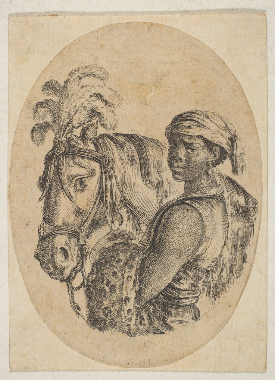 Černý otrok nese leopardí kožešinu a drží uzdu koně z několika hlav..., 1649-50. od Stefano della Bella