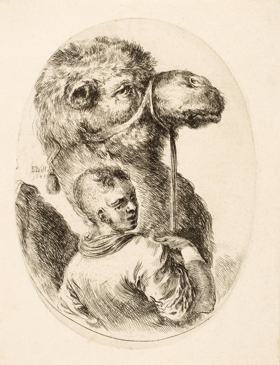 Chlapec držící velblouda za uzdu, hospoda Několik hlav Coiffées à la Persienne. vs. 1650 (rytina) od Stefano della Bella