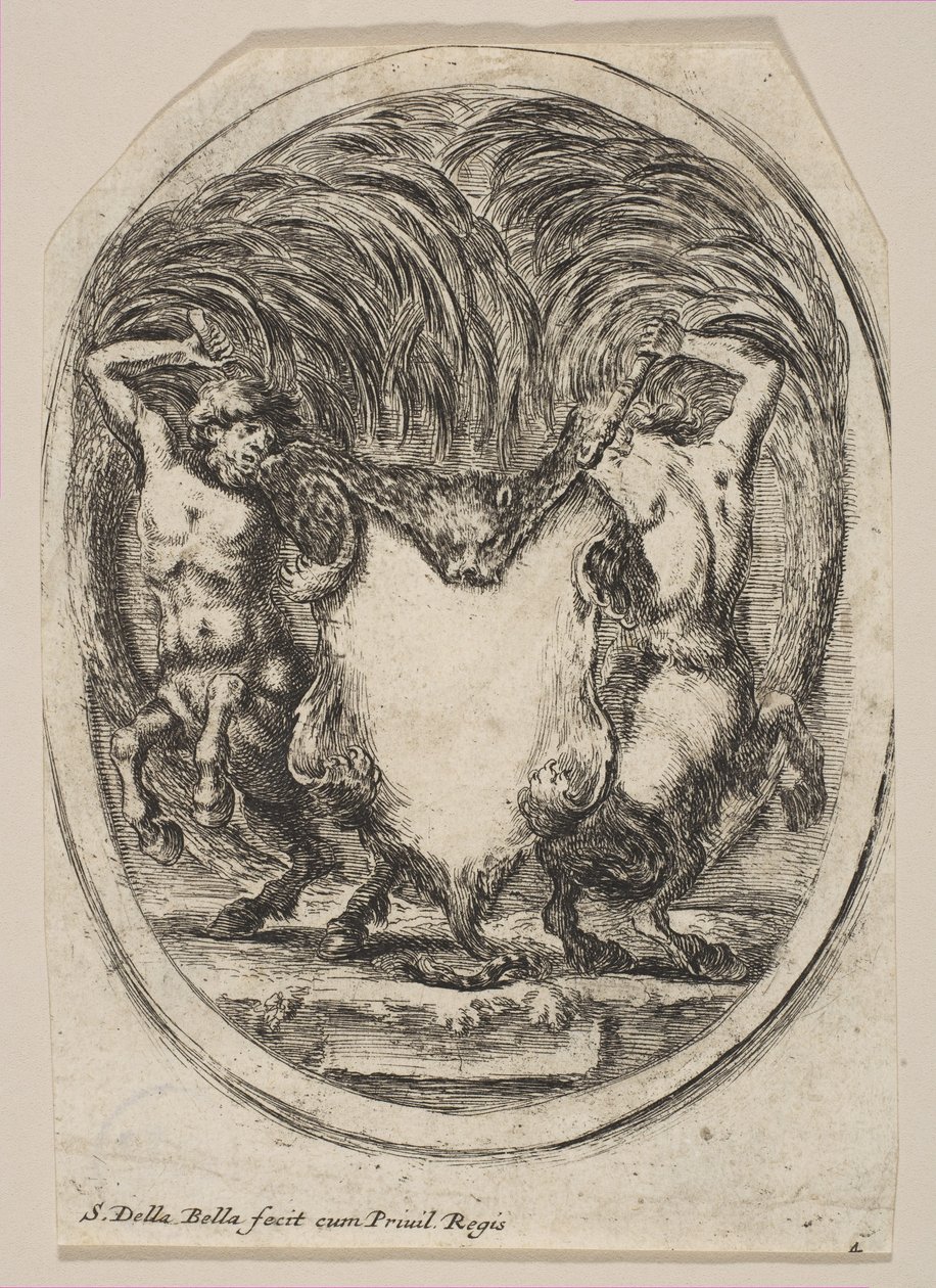 Kartuše tvořená tygří kůží lemovanou dvěma kentaury, 1647. od Stefano della Bella