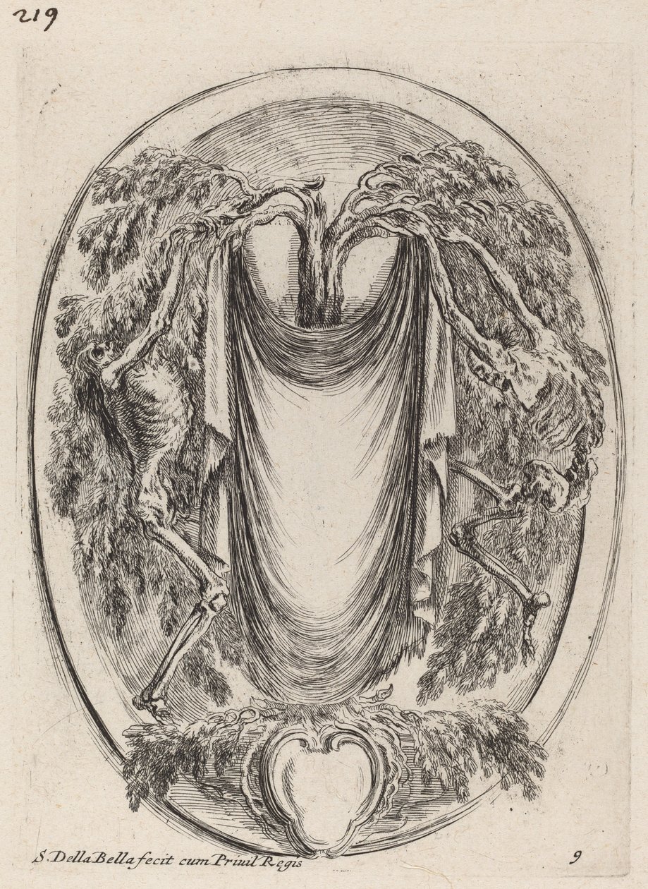 Kartuše ve formě závěsu zavěšeného na cypřiši lemovaném kostlivci, 1647. od Stefano della Bella