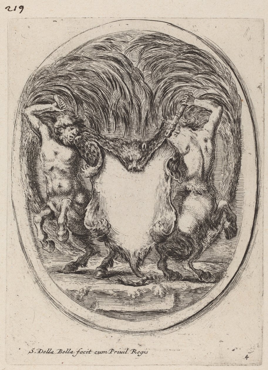 Kartuše v podobě staženého tygra podporovaného kentaury, 1647. od Stefano della Bella