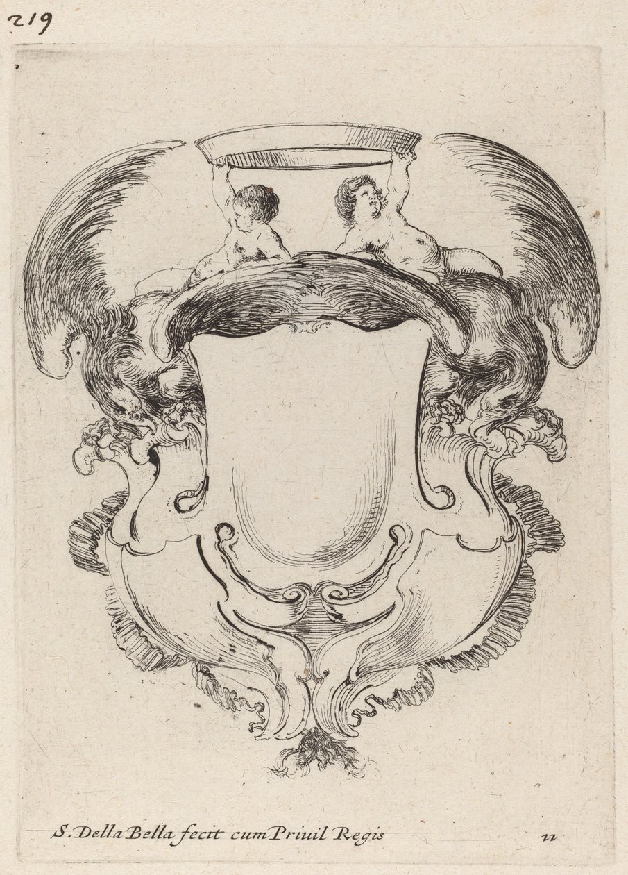 Kartuše s orly a dvěma nemluvňaty držícími korunu, 1647. od Stefano della Bella