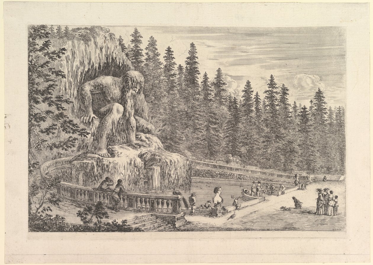 Kolosální socha Appenina od Giambologny vlevo, reprezentovaná jako obří crouchi..., ca. 1653. od Stefano della Bella