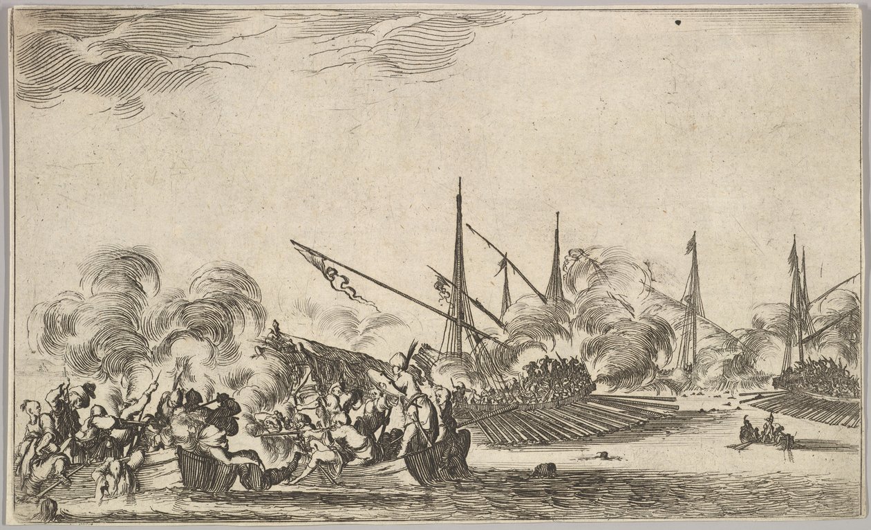 Boj mezi několika veslicemi a loděmi, dvě skupiny mužů na veslicích bojují vlevo..., 1639. od Stefano della Bella