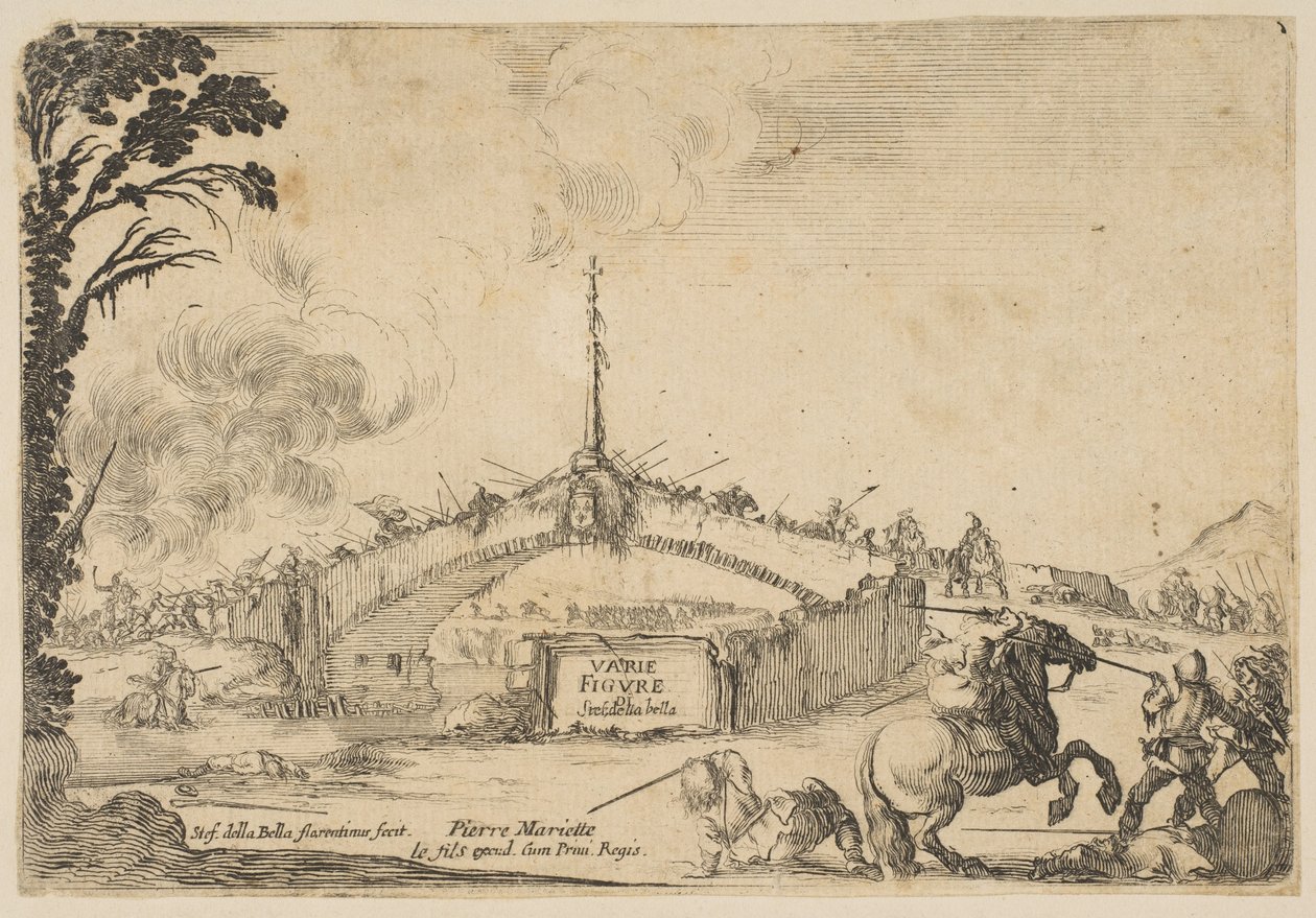 Boj na mostě, bitva jezdce a dvou pěšáků s meči vpravo dole..., ca. 1645. od Stefano della Bella