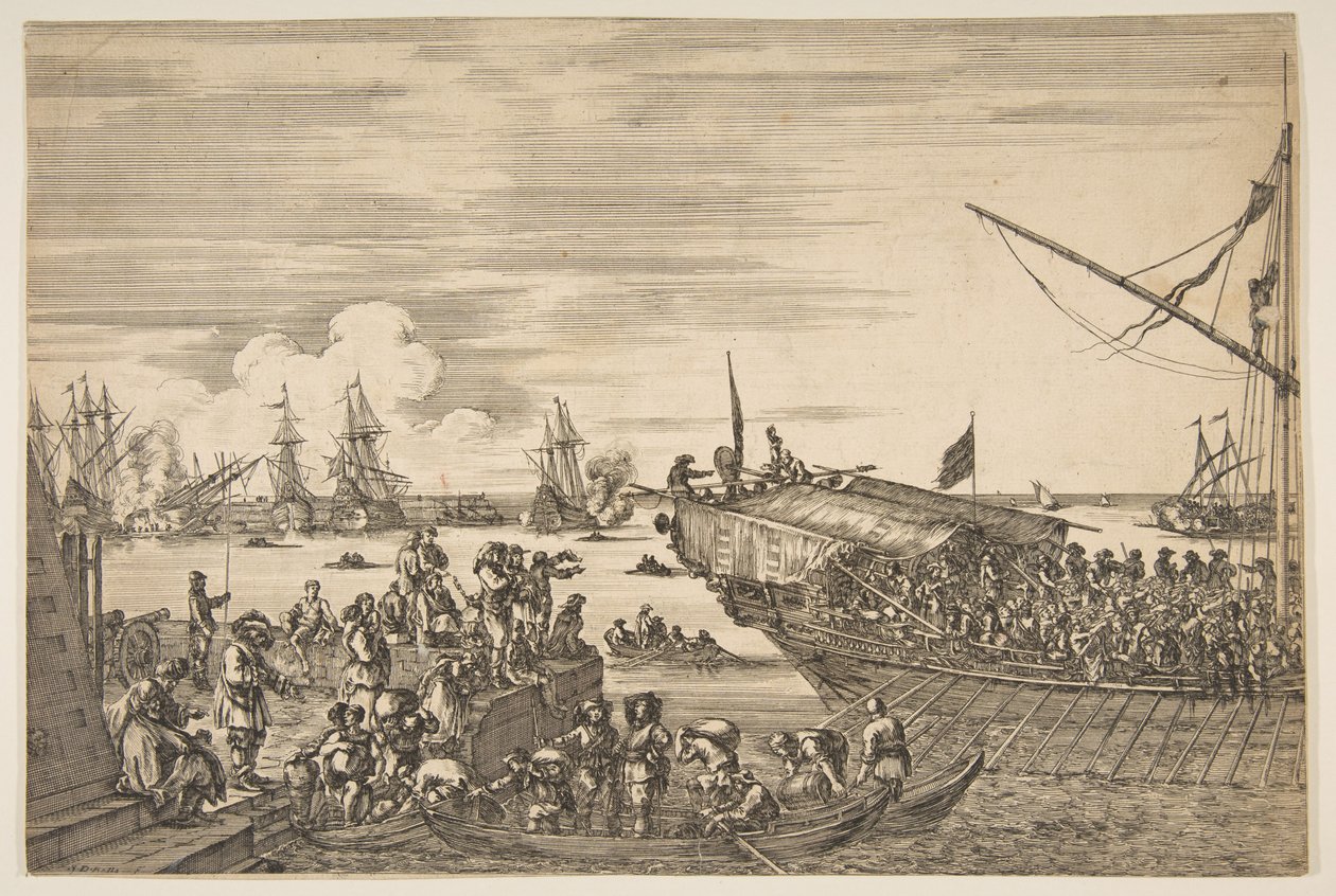 Odjezd galeje v přístavu Livorno, od Vyhlídky na přístav Livorno ..., 1654-55. od Stefano della Bella