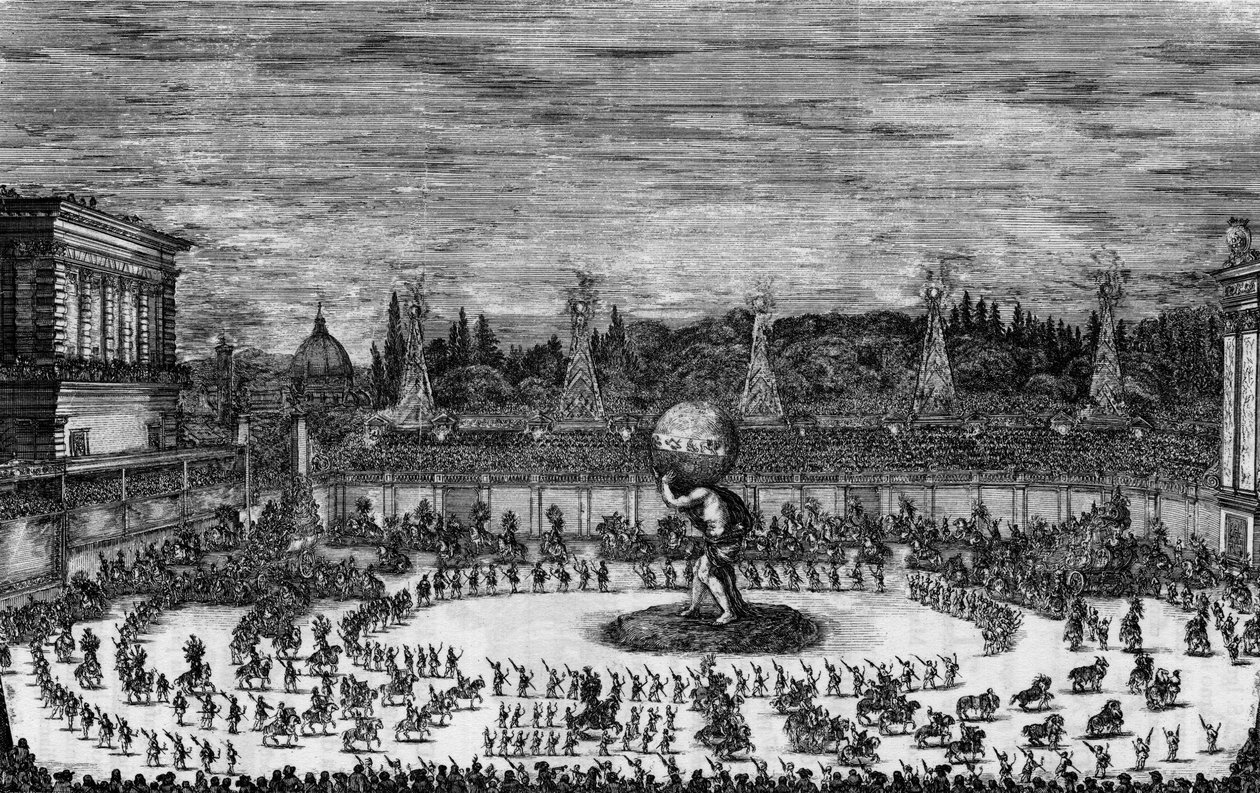 Fete a Florence v 17. století v „“ Il mondo fizzante. Balet na koni v divadle propojeném s Palazzo del Sereniss. Velkovévoda na královskou svatbu nejklidnějších princů Cosima Terza z Toskánska a Margherity Luisy d