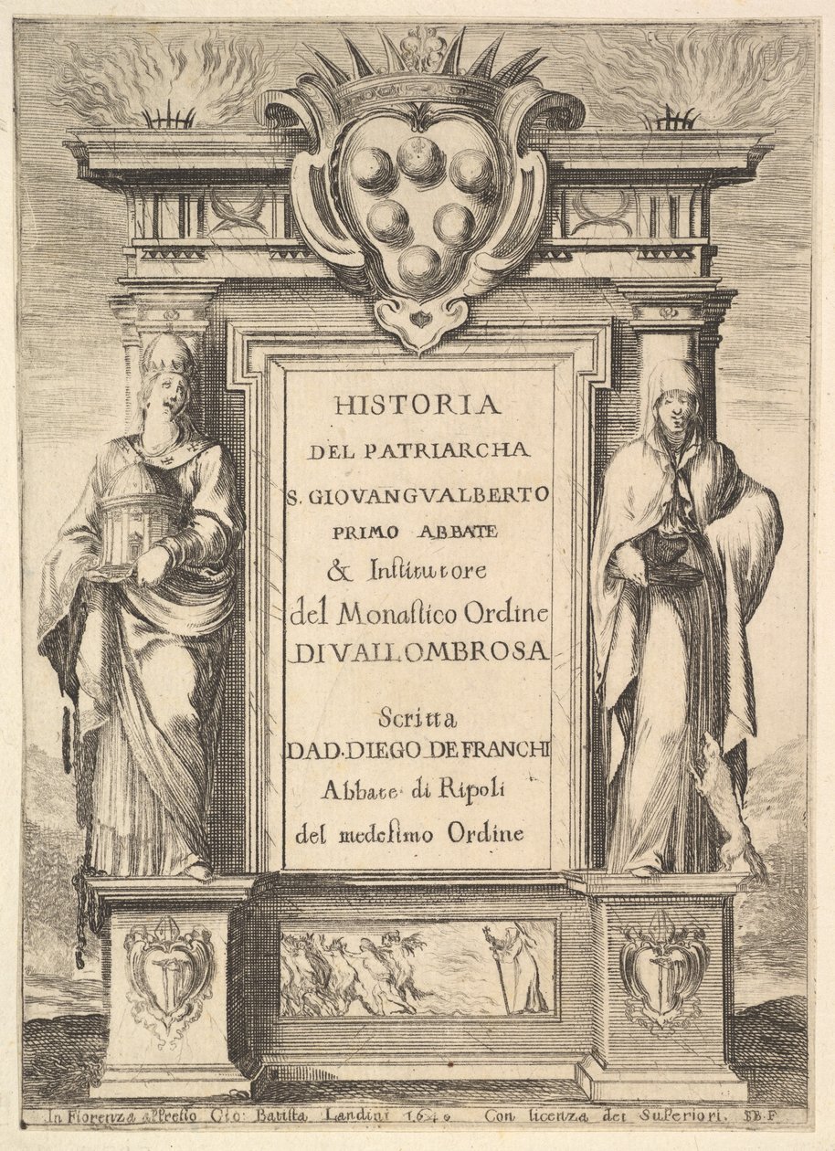 Frontispis: pomník zdobený erbem Medicejských nahoře uprostřed, plameny a..., 1640. od Stefano della Bella