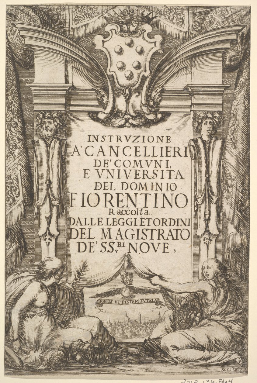 Frontispis pro pokyny pro kancléře Instruzione a Cancellieri: Medicejský kabát ..., 1635. od Stefano della Bella
