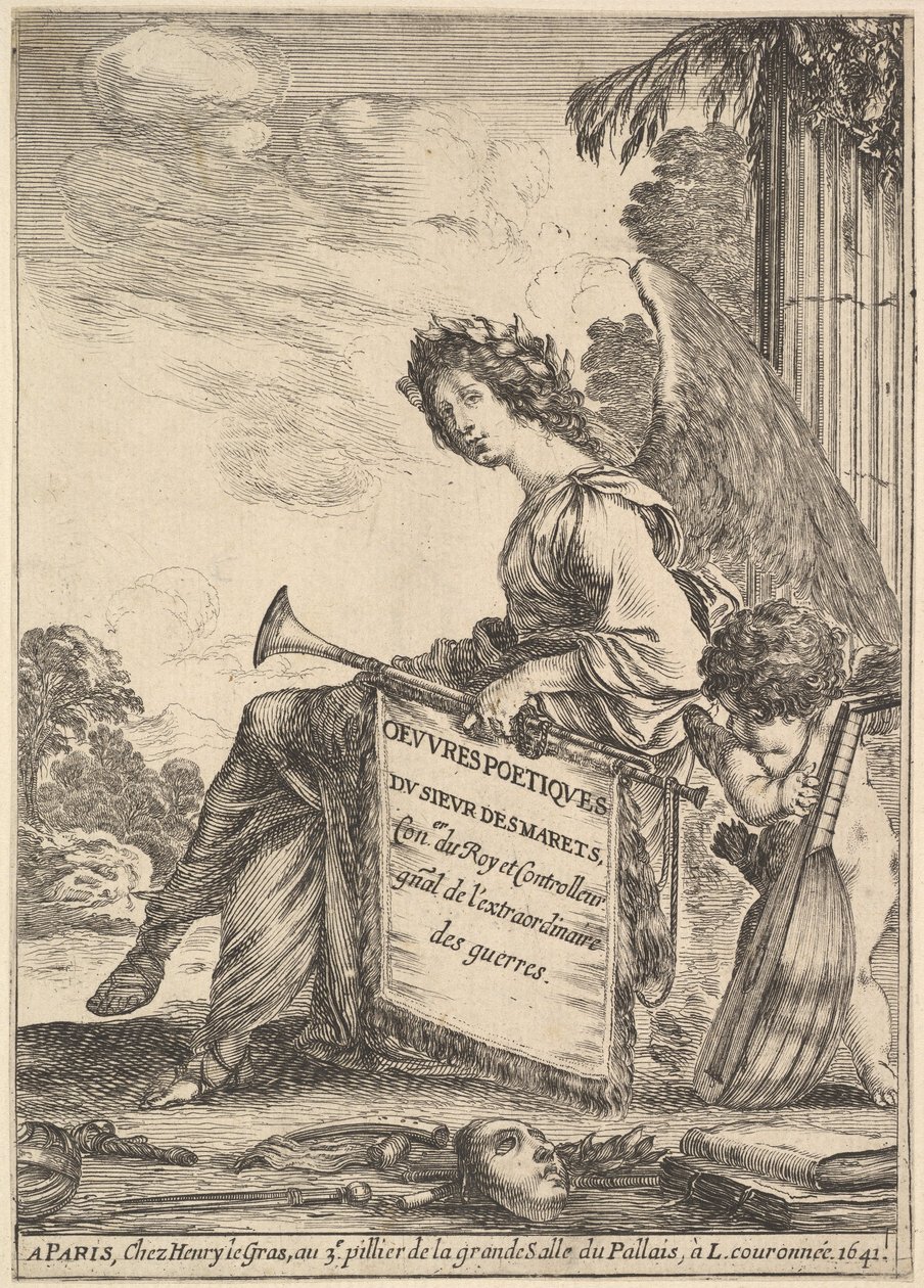 Frontispis pro básně Desmarets Oeuvres poétiques de Desmarets: okřídlená žena rep..., 1641. od Stefano della Bella