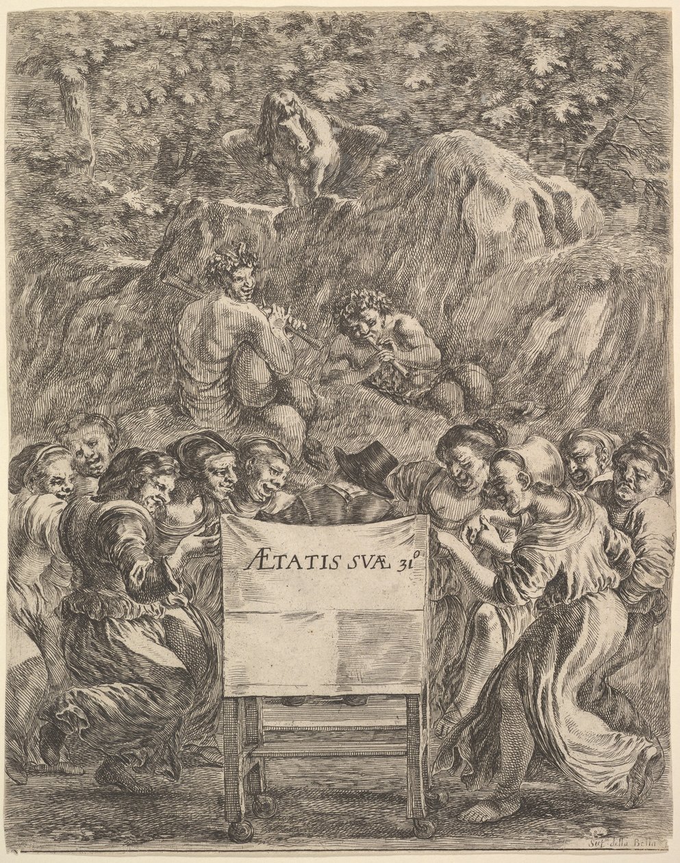 Frontispis pro The Works of Scarron uvres de Scarron, básník sedící v křesle..., 1649. od Stefano della Bella