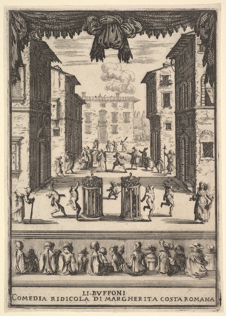 Frontispis pro komedii The Buffoons Li Buffoni, jevištní děj připomínající pu..., 1639-41. od Stefano della Bella