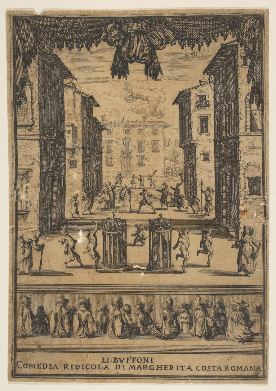 Frontispis pro komedii The Buffoons Li Buffoni, scéna na jevišti připomínající p..., ca. 1639. od Stefano della Bella