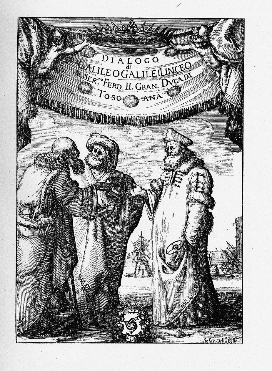 Frontispis dialogu o dvou hlavních světových systémech od Galileo Galilei, 1632 od Stefano della Bella