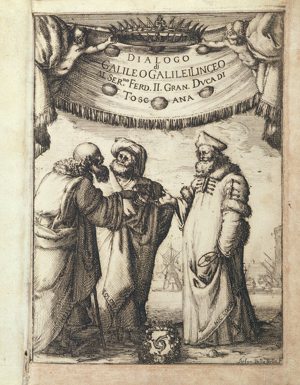 Galileo (vlevo) hovoří s Ptolemaiem (uprostřed) a Koperníkem, ilustrovaný frontispis z Dialogo sopra i due Massimi Sistemi del Mondo, Tolemaico e Copernicano (Dialog o dvou hlavních světových systémech, Ptolemaiově a Koperníkově) od Stefano della Bella