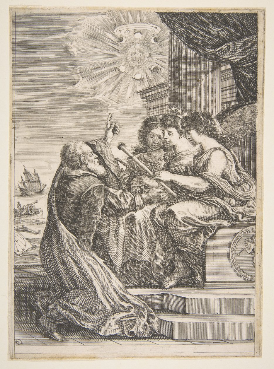 Galileo a personifikace astronomie, perspektivy a matematiky, frontispis pro 