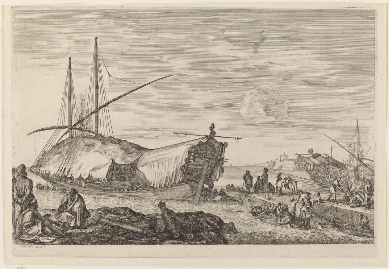 Kuchyňka s palubou pokrytou plachtami, pravděpodobně c. 16541655. od Stefano della Bella
