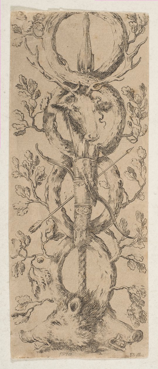 Hlavy jelena a dva kanci v Rinceaux of Oak Branches, ca. 1653. od Stefano della Bella