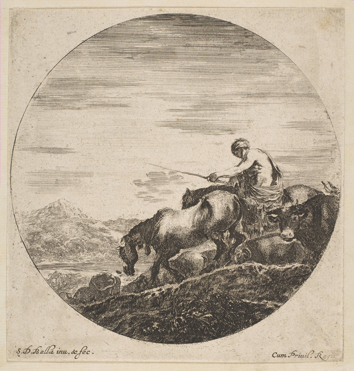 Pastevec na koni pohání zvířata, od Šest zvířecích subjektů Šest sujets danimaux, ca. 1646. od Stefano della Bella