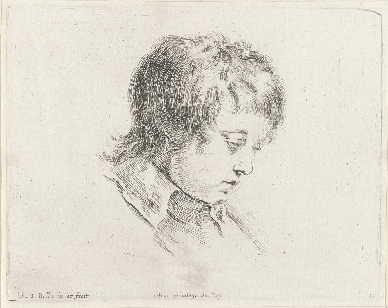 Hlava mladého muže, dívá se dolů doprava Základy kreslení (název série) I principii del disegno (název série) od Stefano della Bella