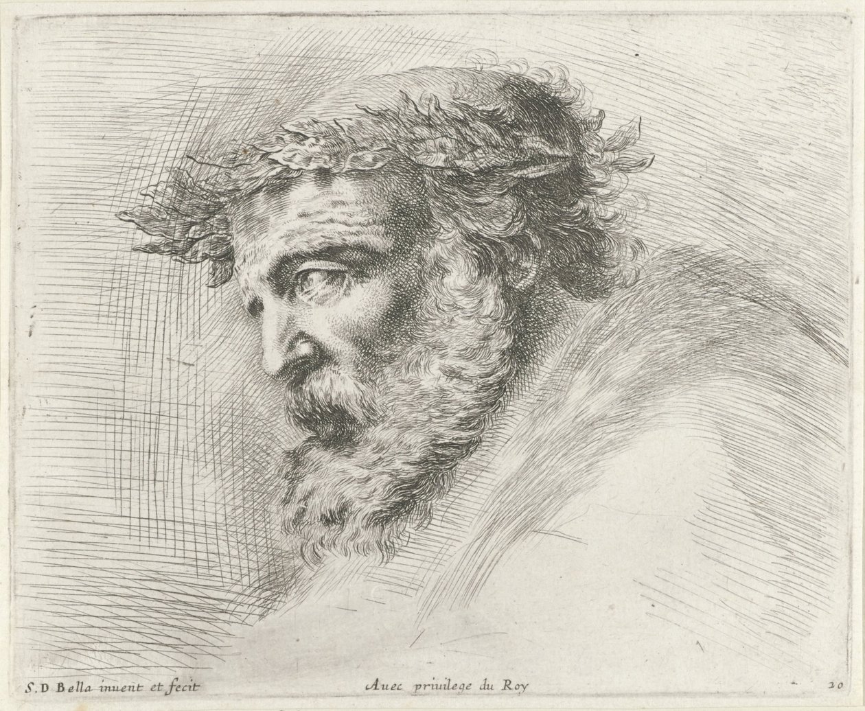 Hlava starého muže s plnovousem a vavřínovým věncem z profilu vlevo Základy kreslení (název série) I principii del disegno (název série) od Stefano della Bella