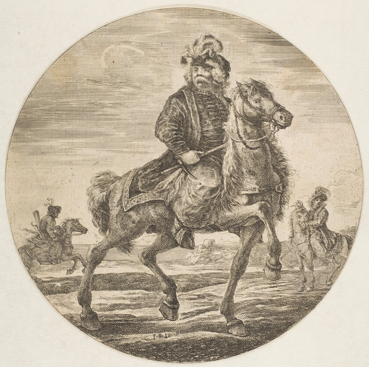 Maďarský jezdec jedoucí vpravo, další jezdci v pozadí, cirku..., ca. 1651. od Stefano della Bella