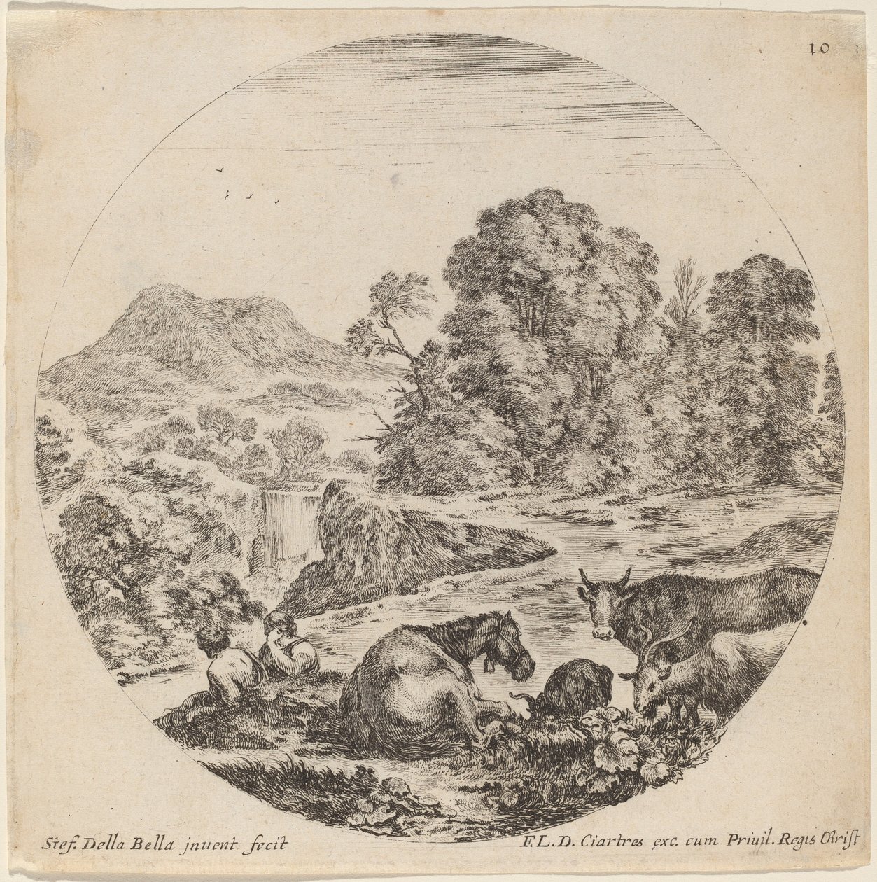 Krajina se zvířaty a dvěma sedícími pastýři, 1646. od Stefano della Bella