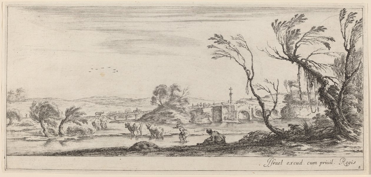 Krajina s rolníkem připravujícím se na překročení potoka v roce 1647 nebo dříve. od Stefano della Bella