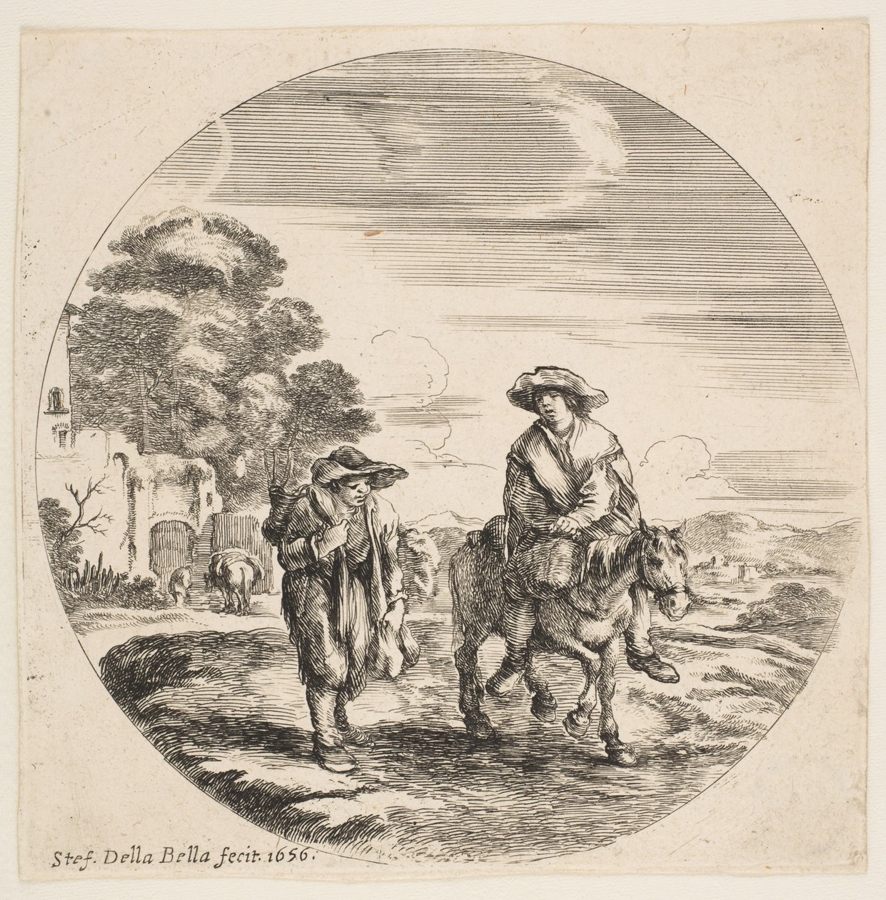 Krajina se dvěma rolníky, jeden jede na koni, z Krajin a námořních přístavů Paysages ..., 1656. od Stefano della Bella