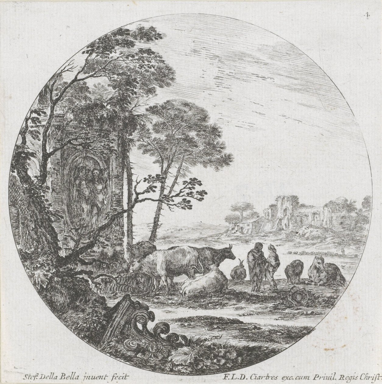 Krajina se stádem a korintským hlavním městem Krajiny a ruiny v Římě (název série) Paysages et ruines de Rome (název série) od Stefano della Bella