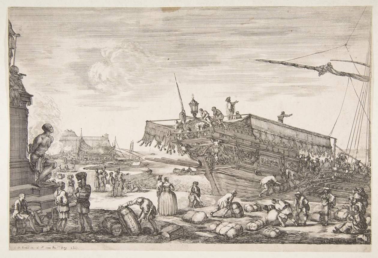 Nakládání galéry, z Pohledy na přístav Livorno Vues du port de Livourne, 1654-55. od Stefano della Bella