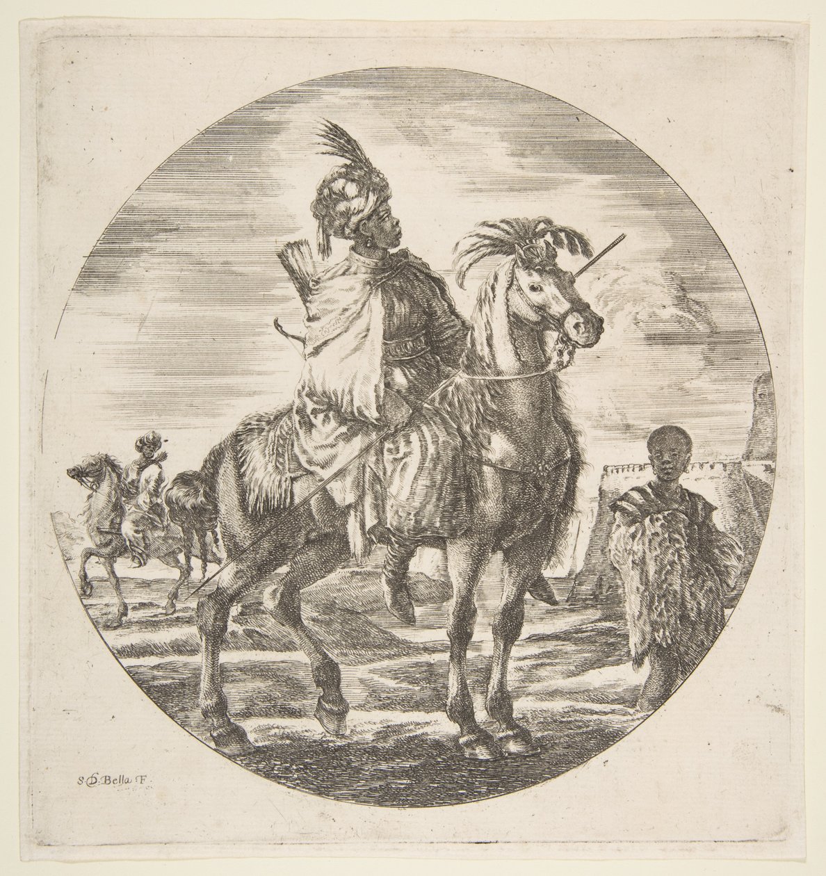 Maurský jezdec z profilu vpravo, černý otrok držící kožešinu vpravo, jiný..., ca. 1651. od Stefano della Bella