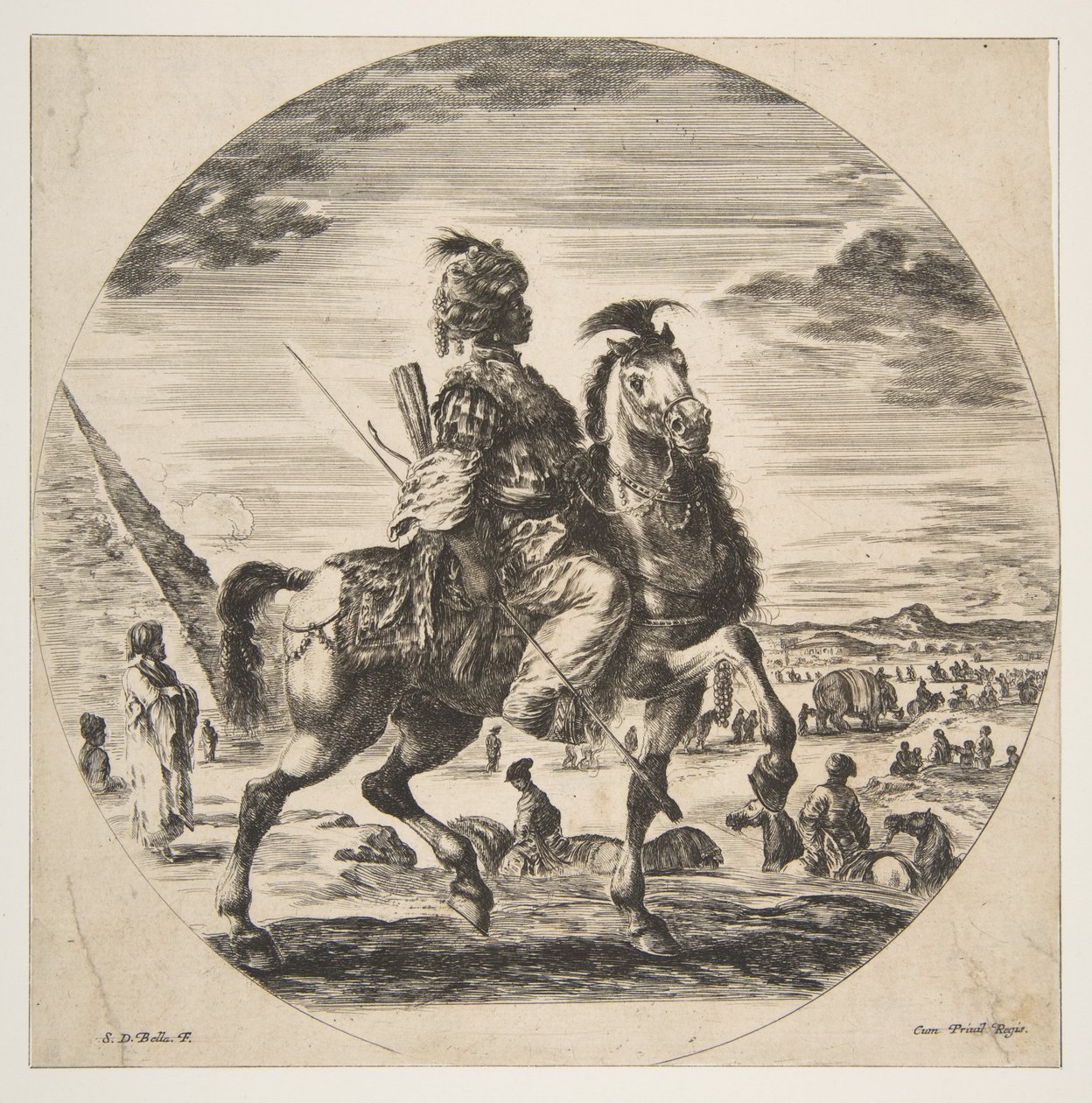Maurský jezdec z profilu vpravo, v pozadí vlevo pyramida, mnoho fi..., ca. 1651. od Stefano della Bella